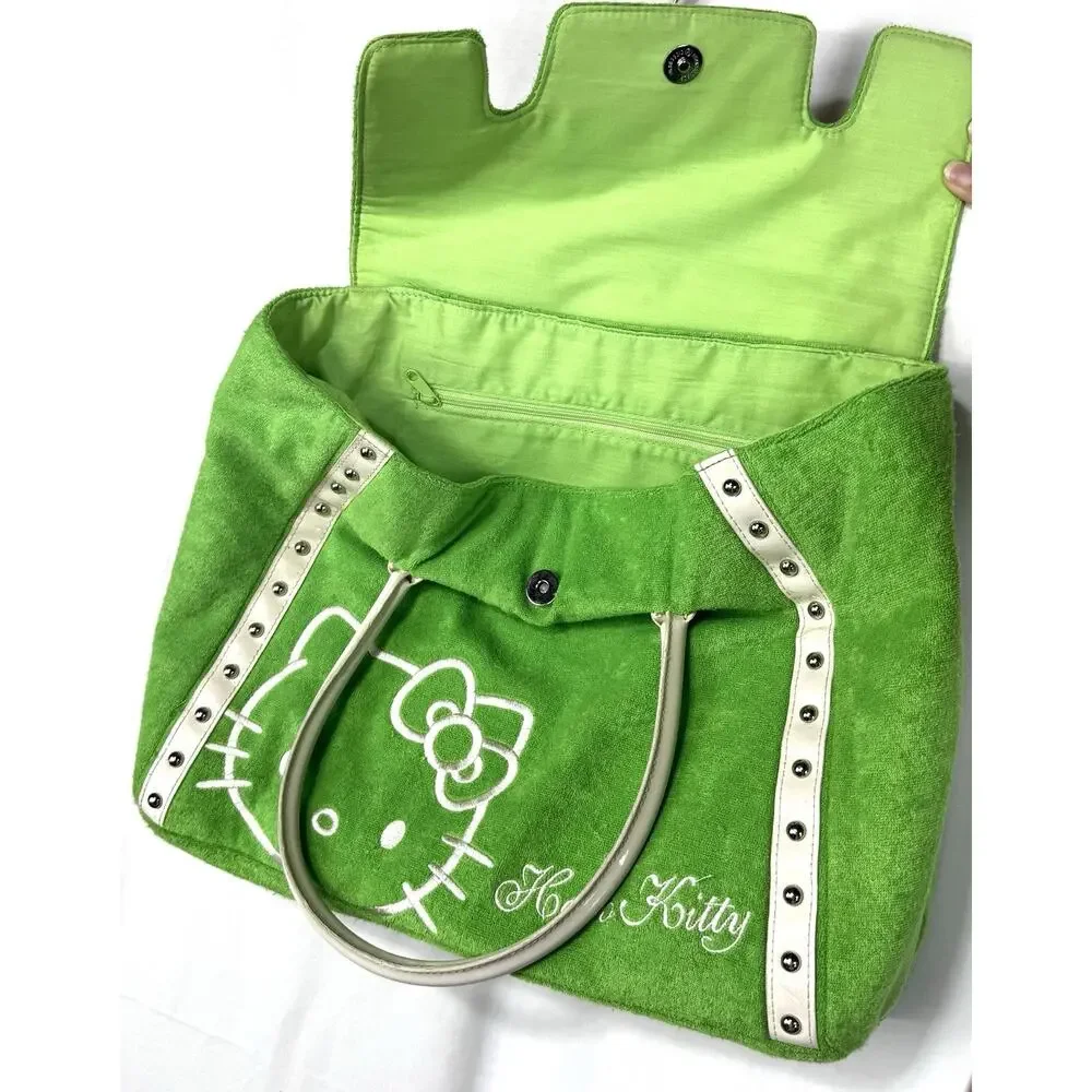 Sanrio Hello Kitty Green/White Tote Snap Closure Inner Pockets Studded Silver